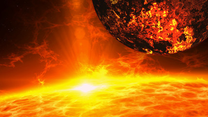 Hot volcanic exoplanet over star surface with plasma eruption and energy explosion. Distant space research concept 3D illustration.