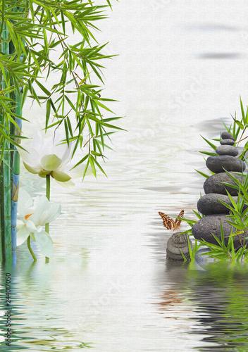 composition aquatique, lotus,bambous, papillon et galets  © Unclesam