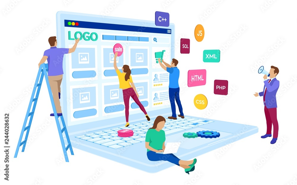 Web development. Project team of engineers for website create. Webpage building. UI UX design. Characters on a concept. Web agency. Template for programmer or designer. Vector illustration. - obrazy, fototapety, plakaty 