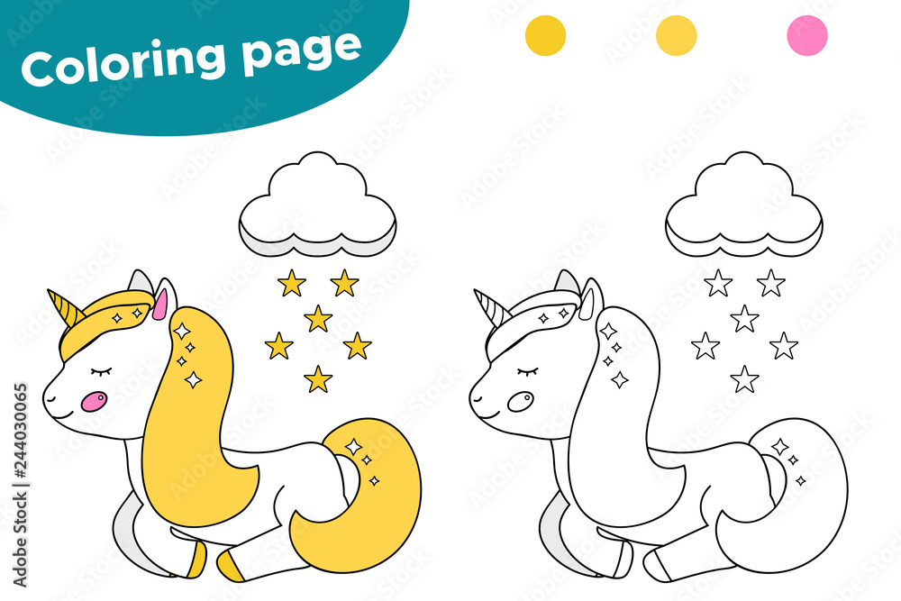 Coloring page for preschool kids. Cute cartoon unicorn is sleeping ...