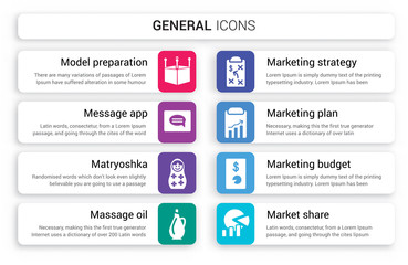 Set of 8 white general icons such as model preparation, message app, matryoshka, massage oil, marketing strategy, plan isolated on colorful background