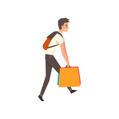 Sticker - Young man carrying heavy shopping bags, guy purchasing of goods and gifts vector Illustration