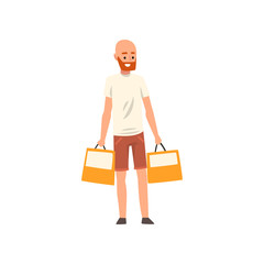 Sticker - Bald bearded man standing with shopping bags, guy purchasing of goods or gifts vector Illustration