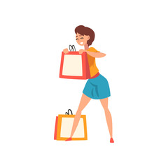 Sticker - Smiling young woman with a short haircut enjoying shopping, girl purchasing of goods and gifts vector Illustration