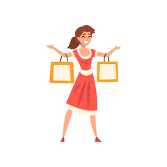 Sticker - Smiling young woman with shopping bags and packages, girl enjoying shopping vector Illustration