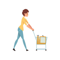 Sticker - Young woman walking with shopping cart, girl enjoying shopping vector Illustration