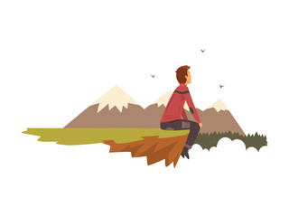 Man sitting on top of the mountain, tourist hiking in mountains, outdoor adventures, travel, backpacking trip or expedition vector Illustration