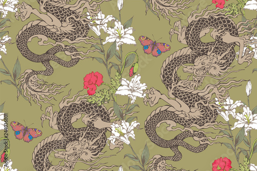 Fotomural Pattern of asian dragon and flowers