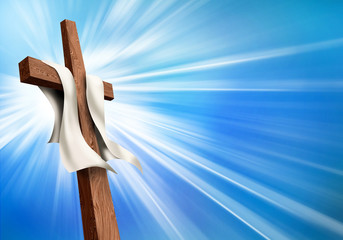 Wall Mural - Bright Christian cross symbol with blue sky background. Crucifixion concept - resurrection