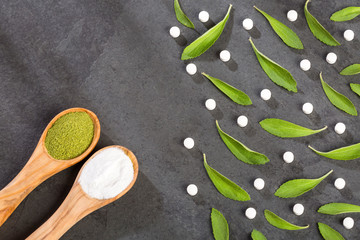 Wall Mural - Pills, powder and leaves of stevia plant - Stevia rebaudiana. Sweetener