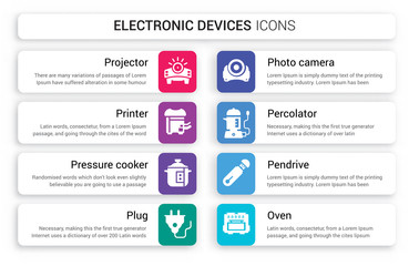 Set of 8 white electronic devices icons such as Projector, Printer, pressure cooker, Plug, Photo camera, percolator isolated on colorful background