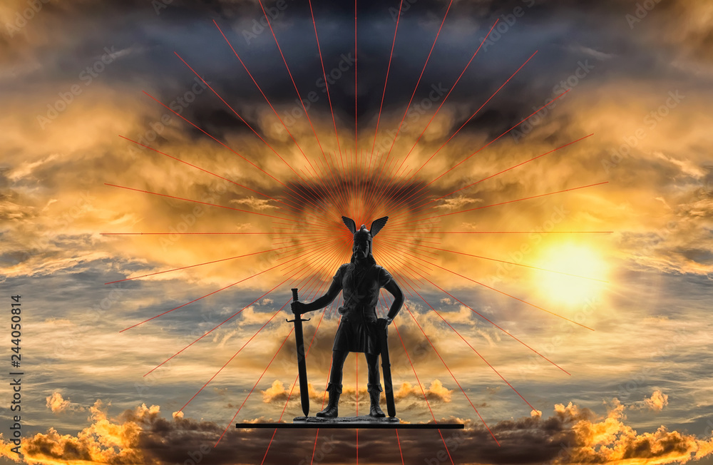 Mythical figure of Old Norse god Odin with sword against backdrop of a dramatic sky with gloomy storm clouds, red lines and bright rising sun, Viking theme, creative illustration - obrazy, fototapety, plakaty 