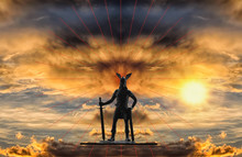 Mythical Figure Of Old Norse God Odin With Sword Against Backdrop Of A Dramatic Sky With Gloomy Storm Clouds, Red Lines And Bright Rising Sun, Viking Theme, Creative Illustration