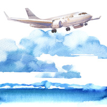 Passenger Airplane In Blue Sky And Cloud, Flying Jet, Airliner Landing Over The Sea, Travel Or Vacation Concept, Hand Drawn Watercolor Illustration On White Background