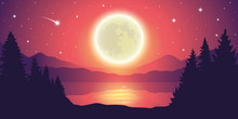 Romantic Full Moon And Falling Stars By The Lake Landscape Vector Illustration EPS10