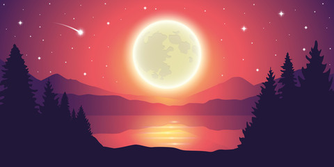 romantic full moon and falling stars by the lake landscape vector illustration eps10