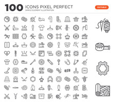 Set Of 100 Linear Icons Such As Fabric, Leather, Measuring Tape, Spool Thread, Sewing Machine, Sewing, Crochet, Thread, Pocket