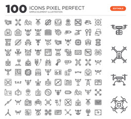 set of 100 linear icons such as drone, target, antenna, connection, map, drone