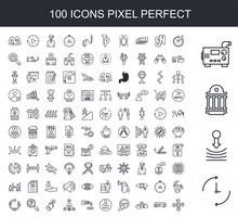 100 Line Icon Set. Trendy Thin And Simple Icons Such As Ongoing, Resilience, Public Sector, Diesel Generator, Realtime, Dvr, Rock Paper Scissors, Click Me, Photo Not Available, Wastewater
