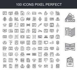 100 line icon set. Trendy thin and simple icons such as Flyer, Trifold, Pantone, Ink level, Plotter, Boxes, Binding, Printer