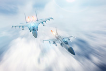 Fighter Jet Intercepts Accompanies Another Fighter. Conflict, War. Aerospace Forces.
