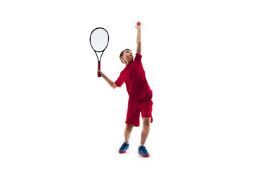 Wall Mural - Young teen boy tennis player in motion or movement isolated on white studio background. The sport, exercise, training concept