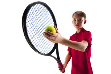 Wall Mural - Young teen boy tennis player in motion or movement isolated on white studio background. The sport, exercise, training concept