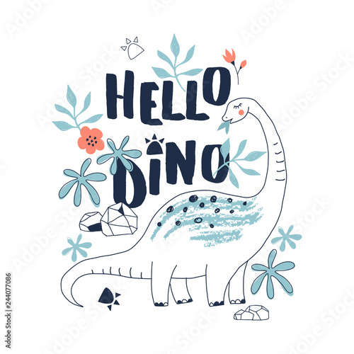 Cute Dinosaur Hand Drawn Summer Typographic Vector Illustration