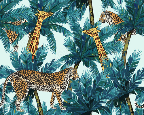 Fotomural Tropical seamless pattern with tiger and giraffe
