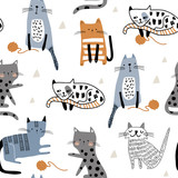 Seamless pattern with different funny cats and balls of yarn. Creative childish texture. Great for fabric, textile Vector Illustration