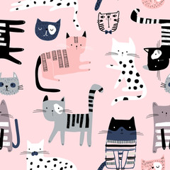 Naklejka na meble Seamless pattern with cute colorful Kittens. Creative childish texture. Great for fabric, textile Vector Illustration