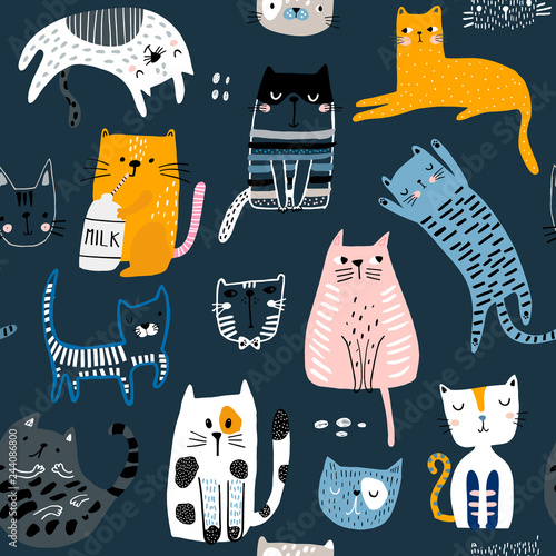 Foto-Schiebegardine mit Schienensystem - Seamless pattern with cute Kittens in diferent style. Creative childish texture. Great for fabric, textile Vector Illustration (von solodkayamari)