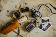 vintage map, antique film cameras, binoculars and matches 