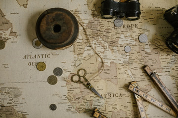 vintage map scissors and sewing spools