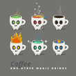 Spooky Halloween drinks, set of icons. Cup like a skull with a fantastic liquid. Vector illustration.