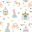 Childish seamless pattern with princess, castle, carriage in scandinavian style. Creative vector childish background for fabric, textile