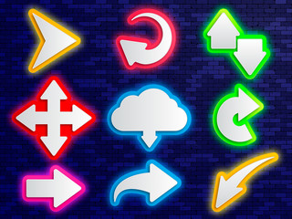 Sticker - neon arrows on brick wall background. vector illustration.