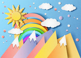 Vector illustration of a beautiful landscape with the sun, rainbow, clouds and mountains. In the style of cut paper