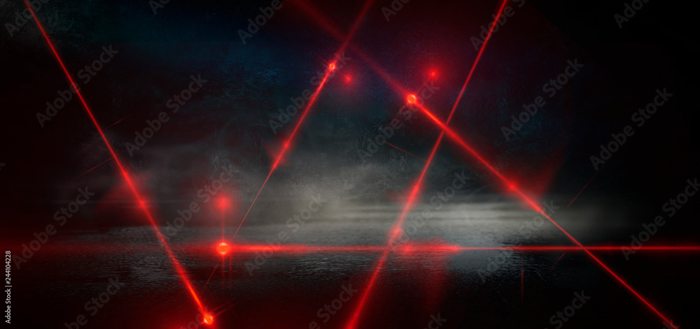 Dark room, street, tunnel, corridor, background with searchlight rays and a red laser beam, smoke, smog, dust. Abstract dark blue background with neon and rays. - obrazy, fototapety, plakaty 