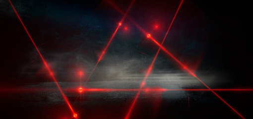 Wall Mural - Dark room, street, tunnel, corridor, background with searchlight rays and a red laser beam, smoke, smog, dust. Abstract dark blue background with neon and rays.