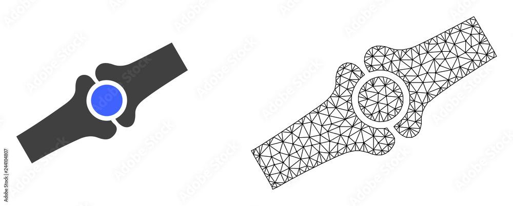 Polygonal mesh artificial bone joint and flat icon are isolated on a white background. Abstract black mesh lines, triangles and nodes forms artificial bone joint icon. - obrazy, fototapety, plakaty 