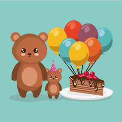 Wall Mural - cute bear teddy with balloons helium and cake