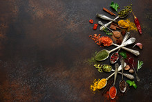 Assortment Of Natural Spices On A Vintage Spoons.Top View With Copy Space.