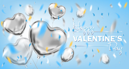 Happy Valentines Day sky blue card with metallic heart shape balloons