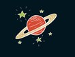© Mary - Abstract illustration of red and yellow saturn with yellow stars. Cosmos drawing on black background. cute planet doodle