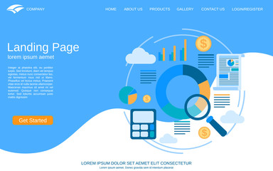 Wall Mural - website landing page vector template. blue-white background with flat style business concept illustr