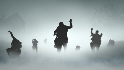 Wall Mural - Zombie Apocalypse Deserted Town 4K features zombies walking forward in a roiling fog with a with a deserted town seen through the fog