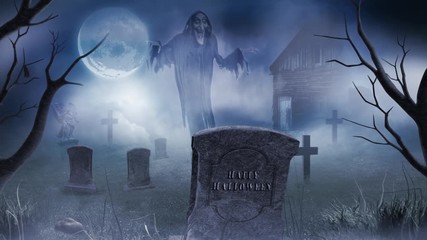 Wall Mural - ghostly graveyard happy halloween in the moonlight 4k features a ghost floating in a cemetery with f