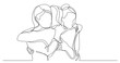 three female friends greeting hugging each other - one line drawing