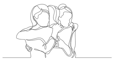 Wall Mural - three female friends greeting hugging each other - one line drawing